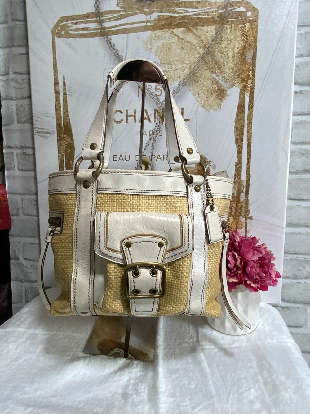 Coach Vintage Yellow and White Straw Tote with Leather Trim